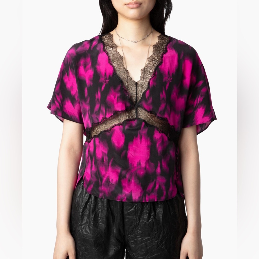 Zadig & Voltaire Tzar Silk Xray Top Women's XS Pink and Black Blouse NWT